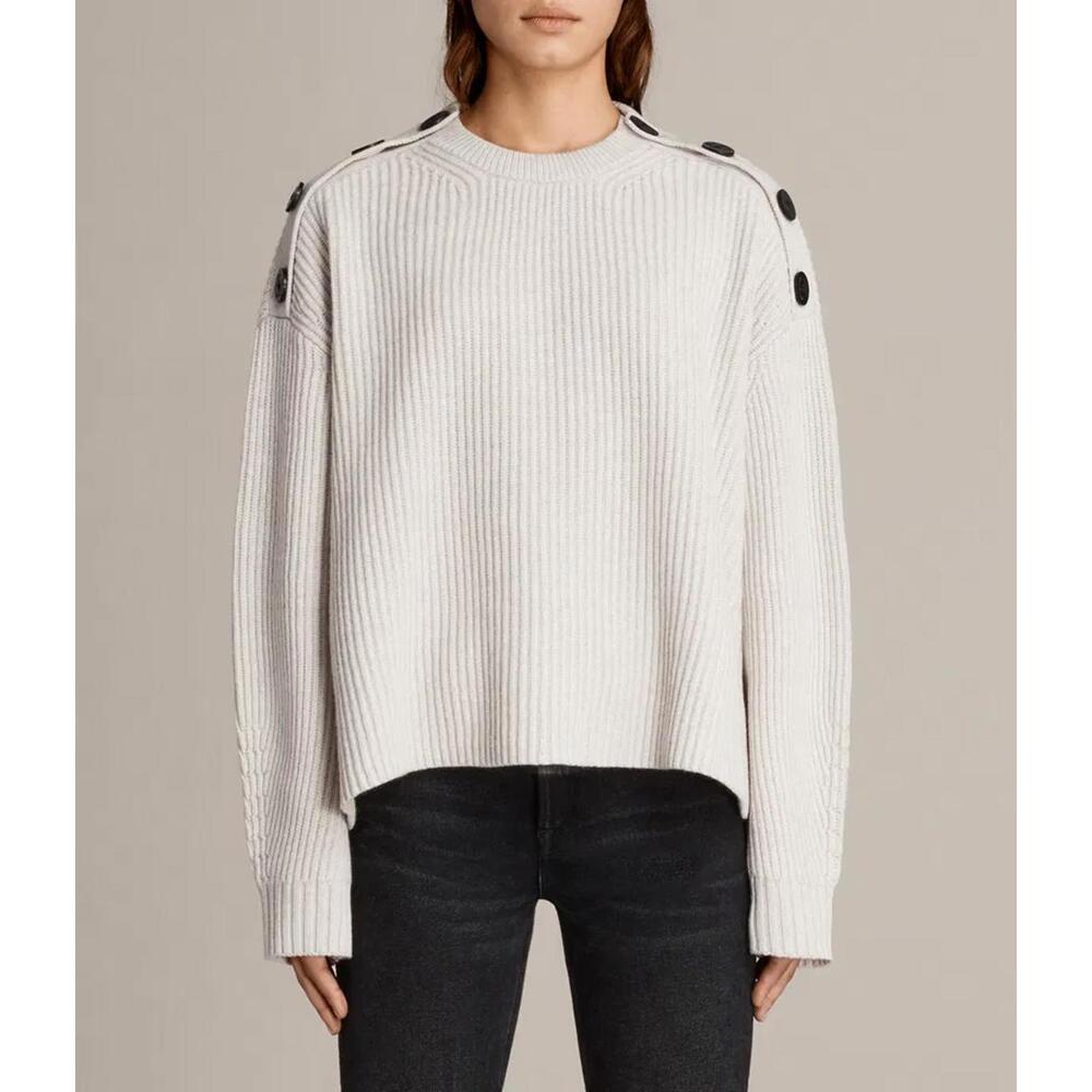 AllSaints Faye Ribbed Button Shoulder Sweater Cream XS/S